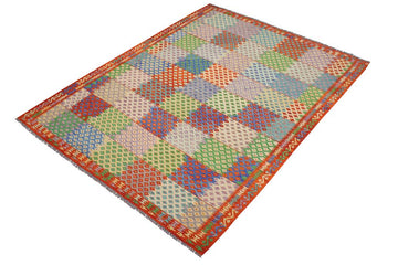 Flat Weave Kilim, Antique, Navaho, Vintage, Handmade, Modern Kilim Blue Rust Hand-Woven Rectangle 100% Wool Area Rug 8 x 11